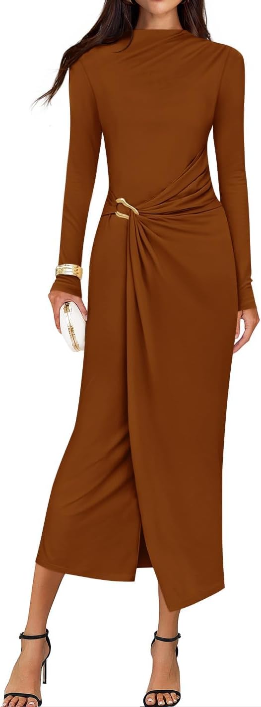 ZESICA Women's 2025 Fall Long Sleeve Bodycon Dress Mock Neck Wedding Guest Cocktail Party Long Midi Dresses