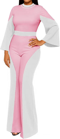 WXN Two Piece Sets for Women Going Out Long Flared Sleeve Colorblock Crop Top Wide Pants Set Brunch Outfits