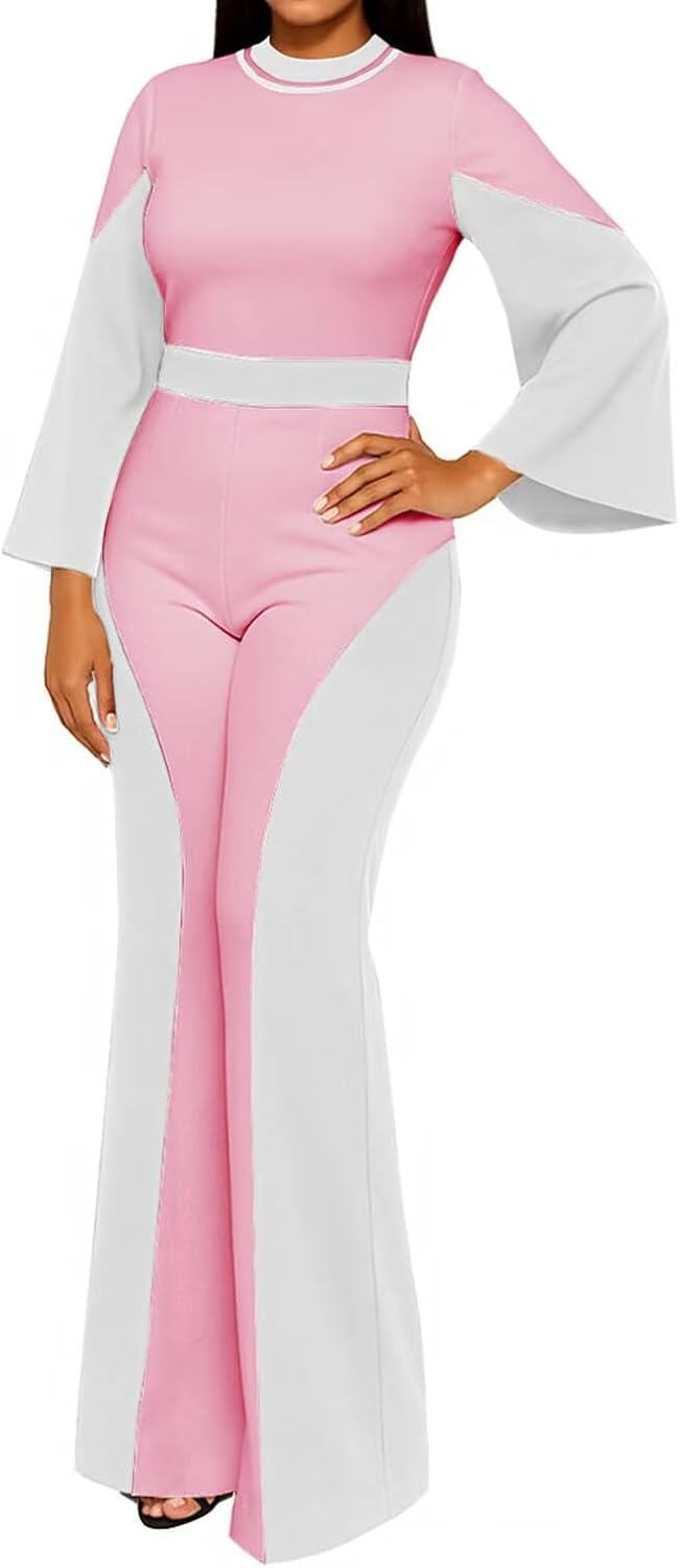 WXN Two Piece Sets for Women Going Out Long Flared Sleeve Colorblock Crop Top Wide Pants Set Brunch Outfits