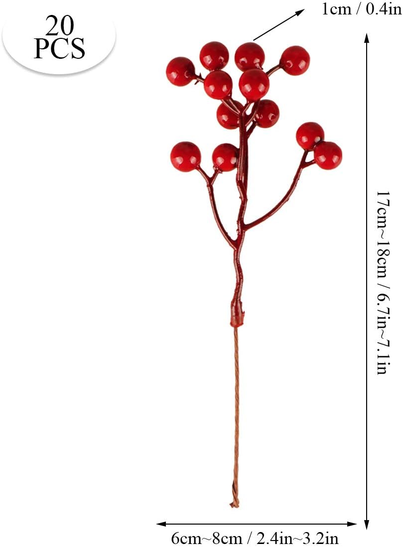 Fangoo 20 Pack 7 Inch Artificial Red Berry Picks for Christmas Tree Burgundy Red Berries Stems Holly Berry Branches Ornaments Wreath Crafts Wedding Holiday Season Winter Home Decor