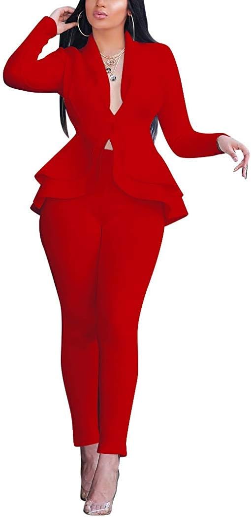 Aro Lora Women's 2 Piece Outfit Casual Solid Open Front Blazer and Pencil Pant Suits Set