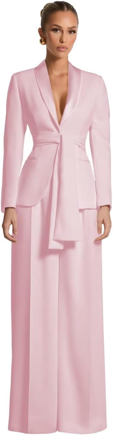 Pant Suits for Women Dressy Casual 2 Piece Womens Suit with Belt Elegant Womens Suits for Wedding Guest Prom