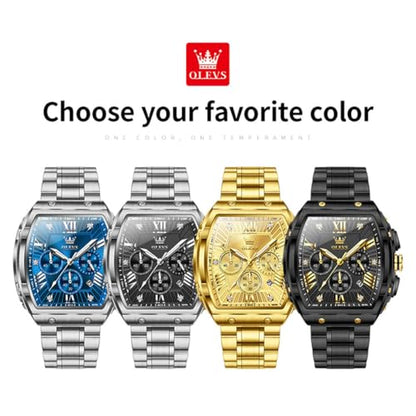 OLEVS Watches Men Chronograph Waterproof Rectangle Face Moon Phase Stainless Steel Strap Dress Watches for Men Luminous Quartz Calendar Mens Wrist Watch