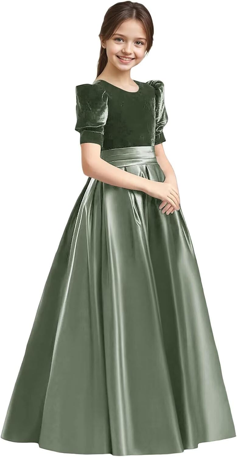 Velvet Flower Girl Dresses A-Line Pageant Princes Satin Ball Gowns with Bow Long Puffy Sleeve First Communion Dress