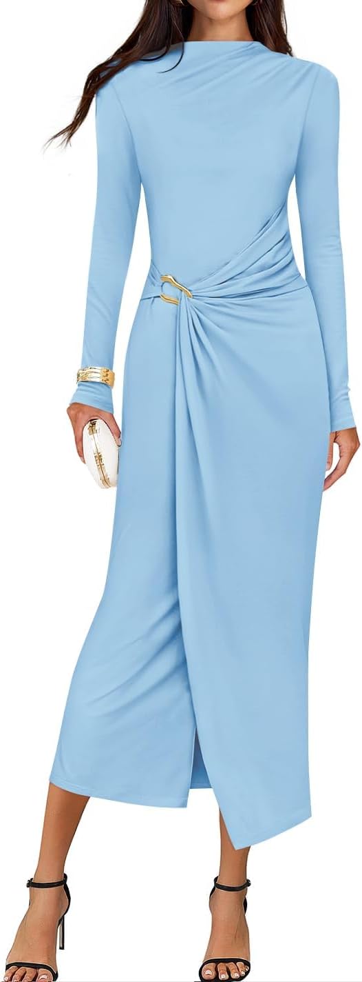 ZESICA Women's 2025 Fall Long Sleeve Bodycon Dress Mock Neck Wedding Guest Cocktail Party Long Midi Dresses
