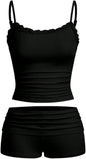 Hilinker Womens Sexy Pajama Set Ruched Lace Trim Cami and Shorts Summer Cute Pjs 2 Piece