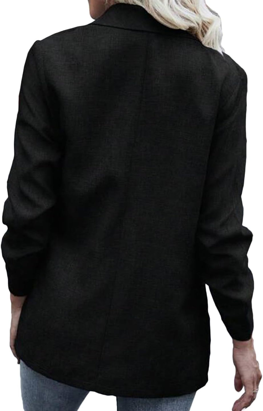 Mina Self Woman Blazer Ruched Sleeve Lapel Open Front Lightweight Work Office Blazer Jackets with Pockets