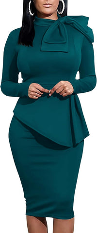 Women's Peplum Bodycon Long Sleeve Wear to Work Dresses Bow Party Club Ruffle Formal Cocktail Pencil Dress