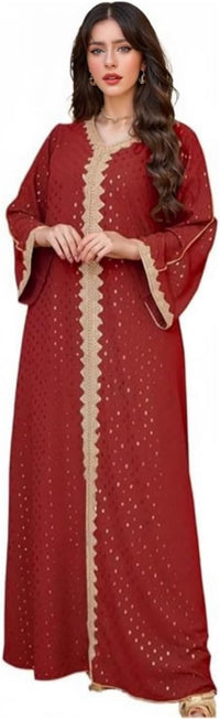 Boedaty Women Summer Muslim Abaya Dress One-Piece Embroidered V Neck Bronzing Kaftan Dress Full Length Party Dress