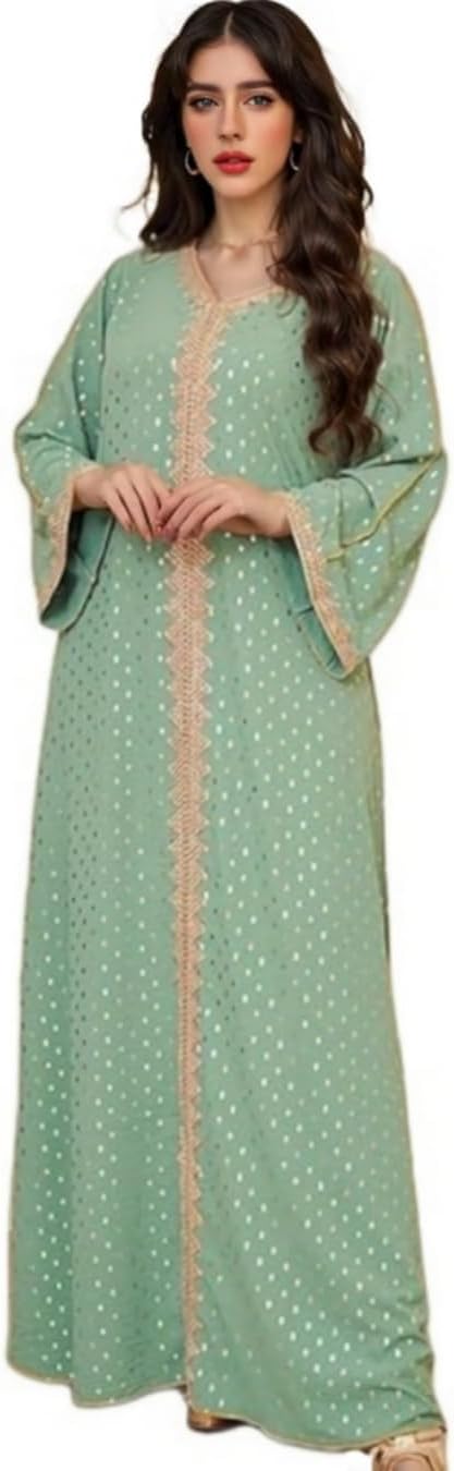 Boedaty Women Summer Muslim Abaya Dress One-Piece Embroidered V Neck Bronzing Kaftan Dress Full Length Party Dress