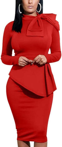 Women's Peplum Bodycon Long Sleeve Wear to Work Dresses Bow Party Club Ruffle Formal Cocktail Pencil Dress