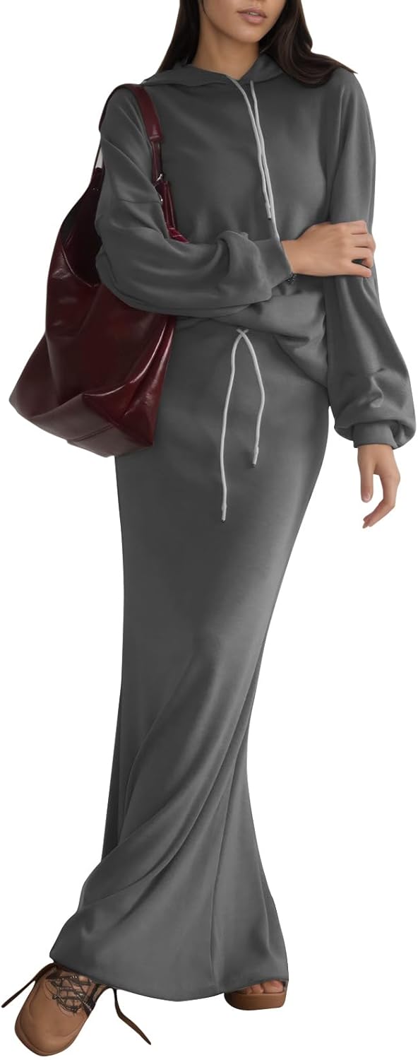 EXLURA Women 2 Piece Outfits Fall Airport Long Sleeve Hoodies Matching Long Skirt Dress Sweatsuits Lounge Sets Winter 2025