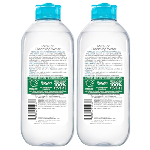 Garnier Micellar Water For Waterproof Makeup, Hydrating Facial Cleanser & Makeup Remover, Suitable for Sensitive Skin, Vegan, Cruelty Free, 13.5 Fl Oz (400mL), 1 Count