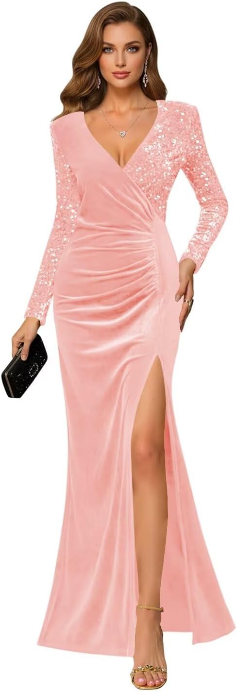 V Neck Velvet Formal Dresses Long for Women Sparkly Sequin 2026 Pleated Mermaid Long Sleeves Bridesmaid Dress OL010