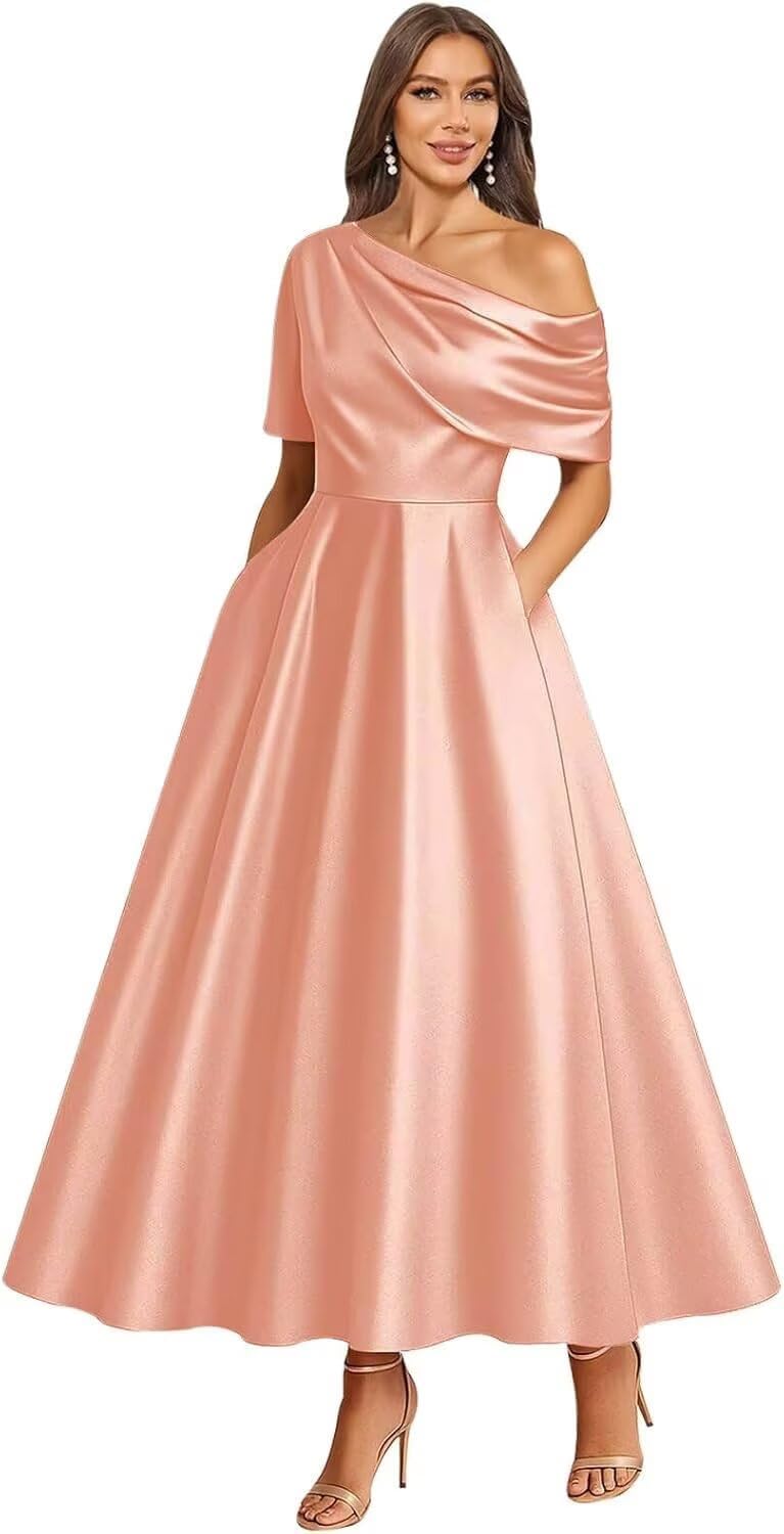 Tea Length Mother of Bride Dresses for Women Satin One Shoulder Wedding Guest Dress Formal Evening Party Gown with Pocket