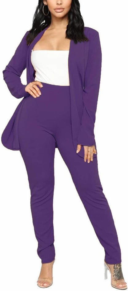 Aro Lora Women's 2 Piece Outfit Casual Solid Open Front Blazer and Pencil Pant Suits Set