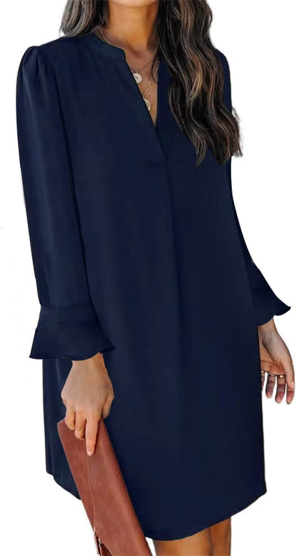 QACOHU Fall Dresses for Women 2025 Casual V Neck Long Sleeves Flowy Mini Tunic Dress