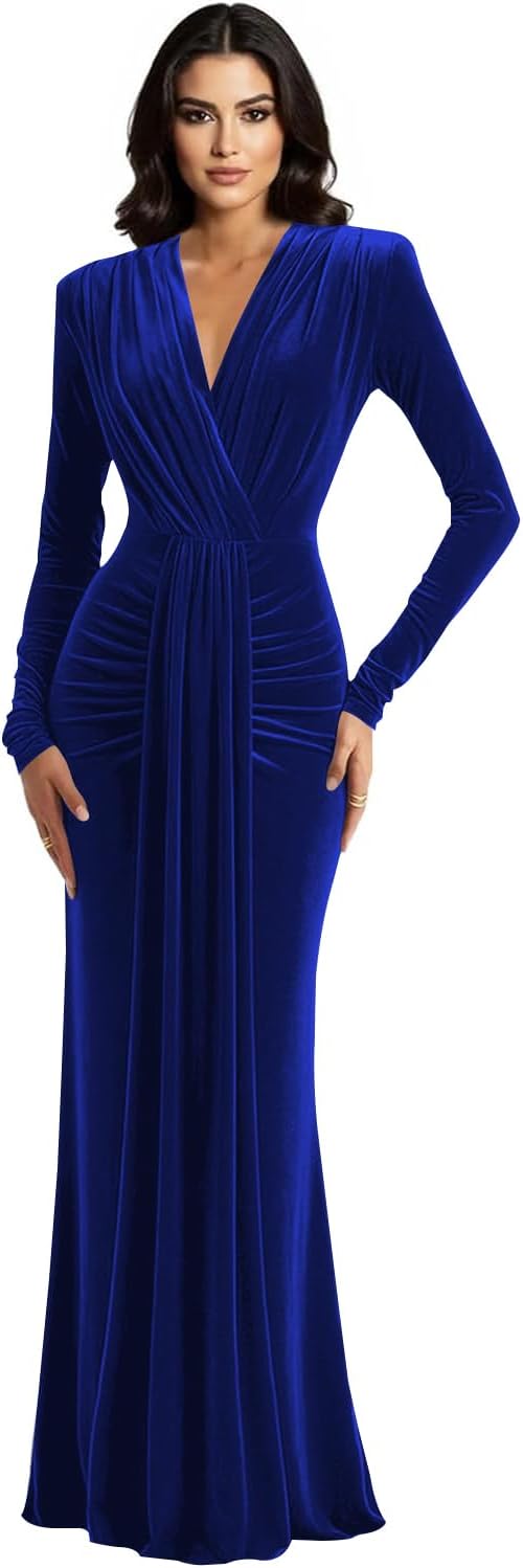Long Sleeve Velvet Bridesmaid Dress with Tie 2026 V Neck Mermaid Maxi Formal Evening Dress AS010