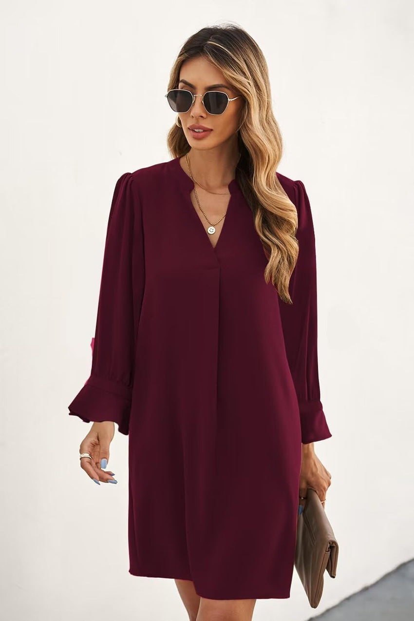 QACOHU Fall Dresses for Women 2025 Casual V Neck Long Sleeves Flowy Mini Tunic Dress