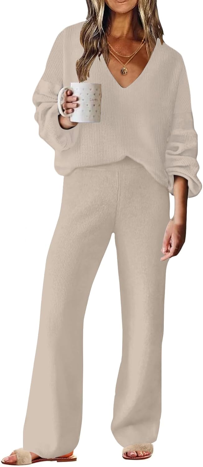 ETCYY NEW Womens 2 Piece Outfits Sweater Lounge Set Casual V Neck Knit Pajama Set Long Sleeve Top Wide Leg Pants Loungewear