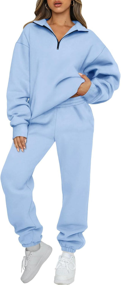 AUTOMET Women's Sweatsuits 2 Piece Outfits Lounge Sets Long Sleeve Half Zip Pullover and Baggy Sweatpants with Pockets