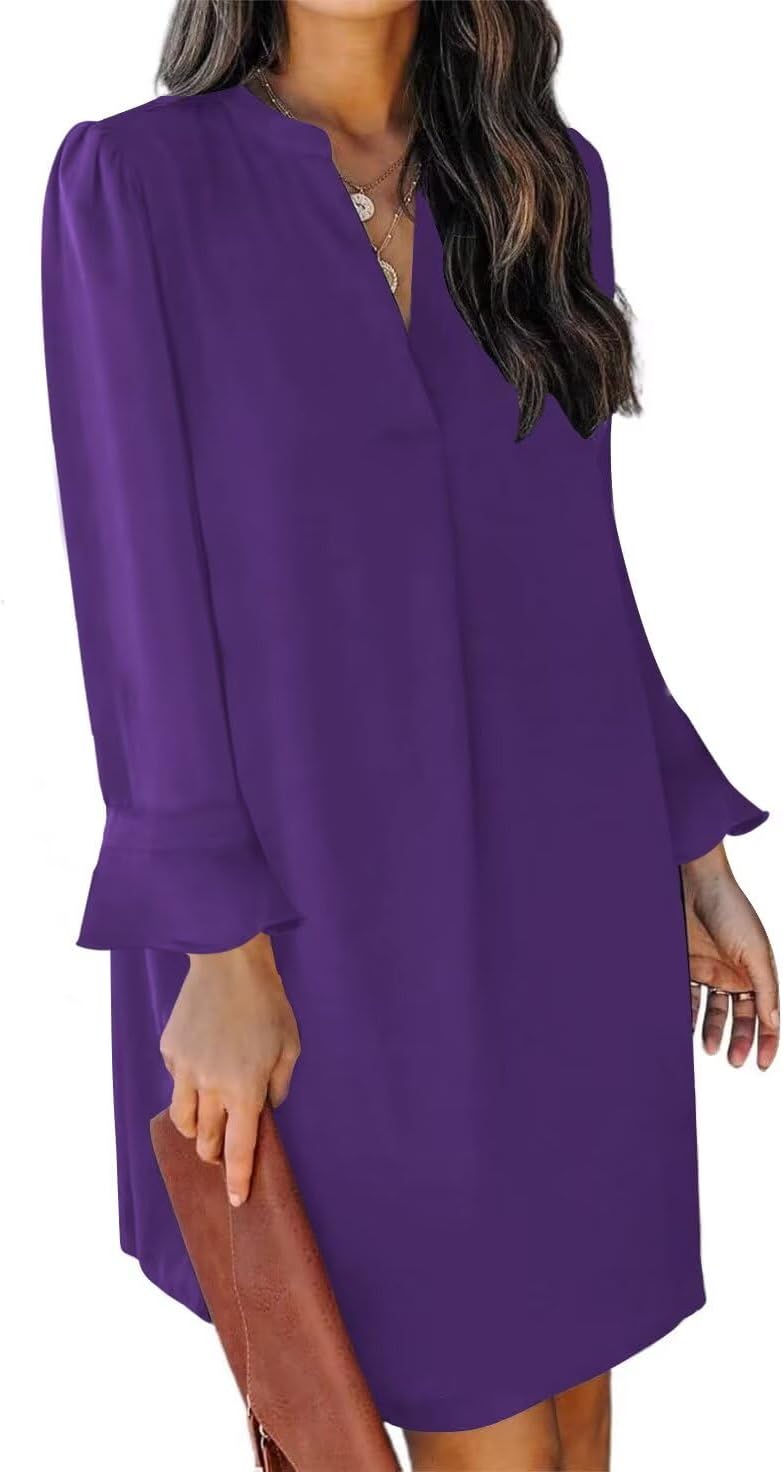 QACOHU Fall Dresses for Women 2025 Casual V Neck Long Sleeves Flowy Mini Tunic Dress