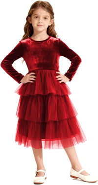 Christmas Dress Girls Velvet Tulle Puffy Long Sleeve Formal Party Dresses Princess Birthday Wedding Guest Dress