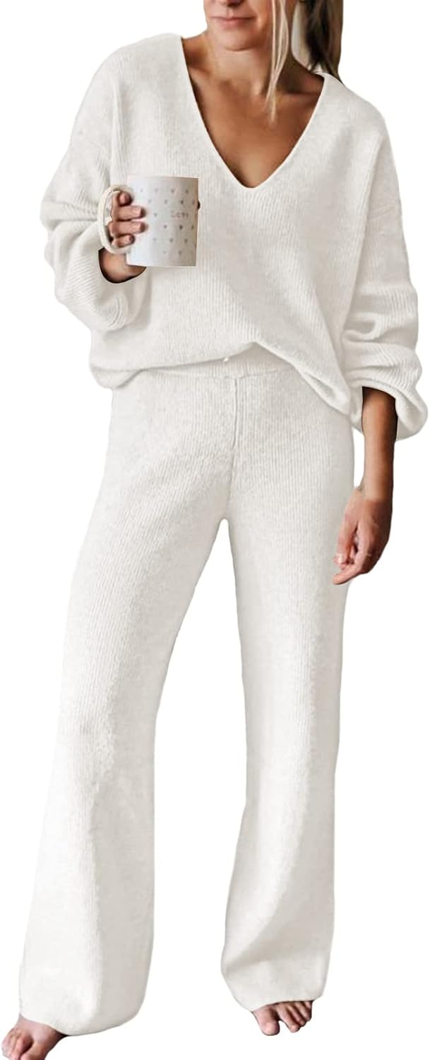 Viottiset Women's 2 Piece Outfits Casual V Neck Knit Wide Leg Sweater Lounge Set Sweatsuit