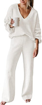 Viottiset Women's 2 Piece Outfits Casual V Neck Knit Wide Leg Sweater Lounge Set Sweatsuit