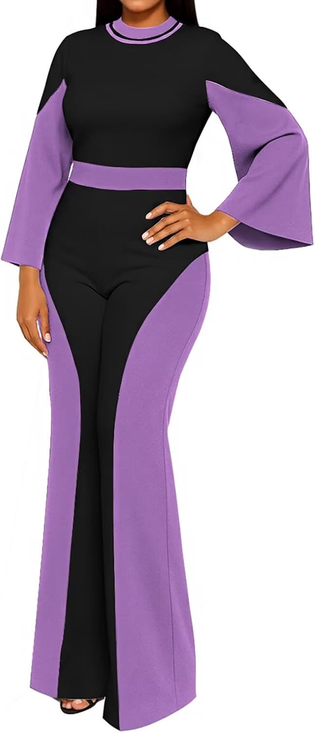 WXN Two Piece Sets for Women Going Out Long Flared Sleeve Colorblock Crop Top Wide Pants Set Brunch Outfits