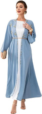 Muslim Abaya Long Sleeve Open Front Rhinestones Kaftan Cardigan Maxi Dress for Women with Belt