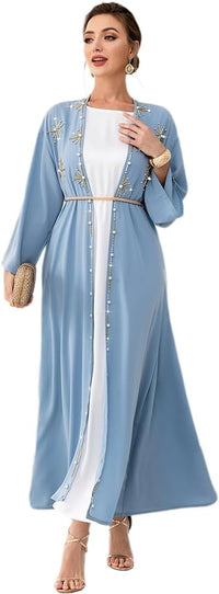 Muslim Abaya Long Sleeve Open Front Rhinestones Kaftan Cardigan Maxi Dress for Women with Belt