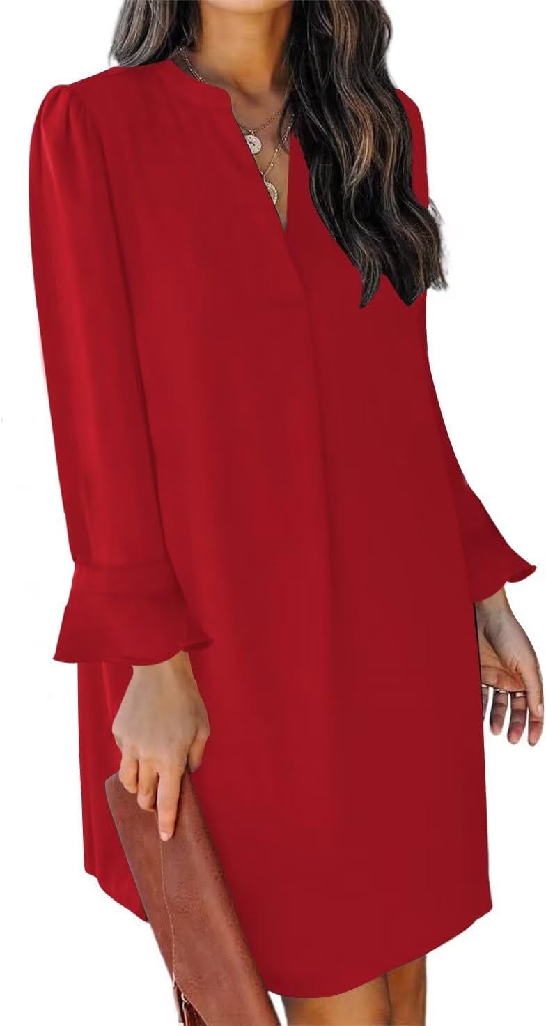QACOHU Fall Dresses for Women 2025 Casual V Neck Long Sleeves Flowy Mini Tunic Dress