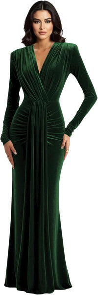 Long Sleeve Velvet Bridesmaid Dress with Tie 2026 V Neck Mermaid Maxi Formal Evening Dress AS010