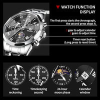 OLEVS Watches Men Luxury Chronograph Moon Phase Waterproof Luminous Watches for Men Analog Quartz Calendar Stainless Steel Strap Wrist Watches-(Black/Blue/Gold/Grey/Silver Face)
