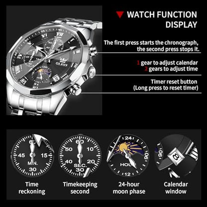 OLEVS Watches Men Luxury Chronograph Moon Phase Waterproof Luminous Watches for Men Analog Quartz Calendar Stainless Steel Strap Wrist Watches-(Black/Blue/Gold/Grey/Silver Face)