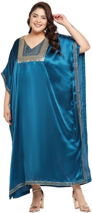 Gypsie Blu Women’s Plus Size Satin Sequin Kaftan Dress with Kimono Sleeves Casual Resort Wear Stylish Loose Fit Evening Dress