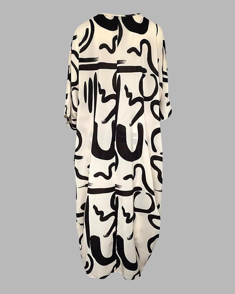 CHICME Women's 2 Piece Outfits 2025 Abstract Print Batwing Sleeve V Neck Top with High Slit and Loose Wide Leg Pants Set