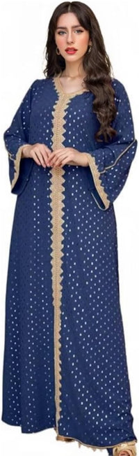 Boedaty Women Summer Muslim Abaya Dress One-Piece Embroidered V Neck Bronzing Kaftan Dress Full Length Party Dress