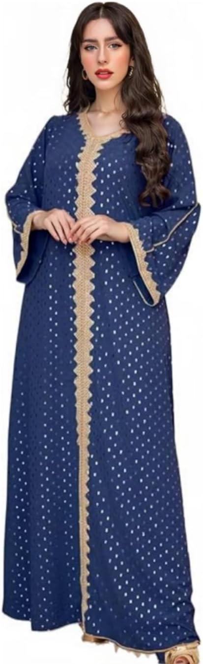 Boedaty Women Summer Muslim Abaya Dress One-Piece Embroidered V Neck Bronzing Kaftan Dress Full Length Party Dress