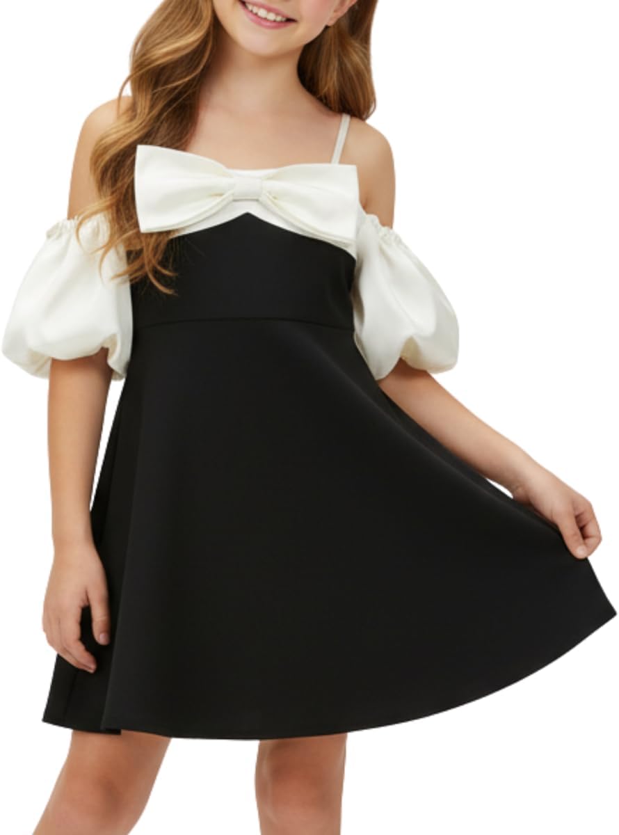 WELAKEN Girls Black Formal Dress – Elegant Midi Dress for Parties or Special Occasions