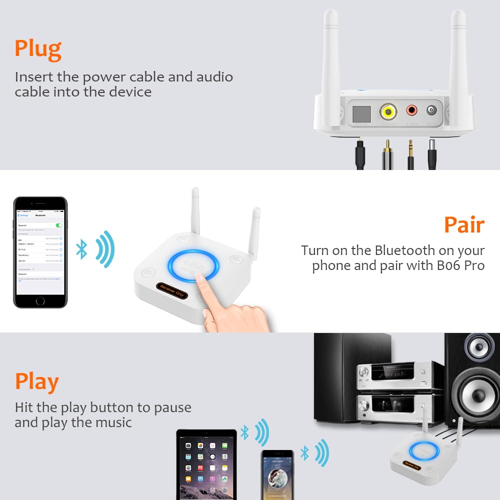 [Upgraded] 1Mii B06Pro Long Range Bluetooth Receiver, HiFi Wireless Audio Adapter, Bluetooth 5.1 Receiver with 3D Surround aptX HD Low Latency Optical RCA AUX 3.5mm Coaxial for Home Stereo System