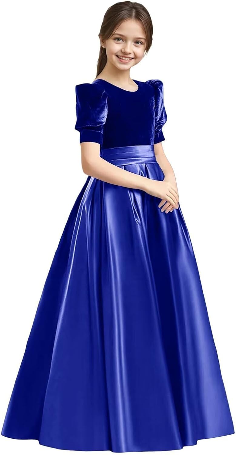 Velvet Flower Girl Dresses A-Line Pageant Princes Satin Ball Gowns with Bow Long Puffy Sleeve First Communion Dress