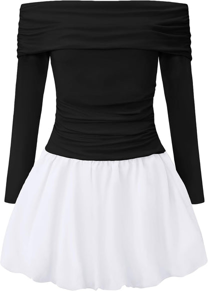 EXARUS Girls Dress Off The Shoulder Bodycon/Bubble Long Sleeve Teen Ruched Homecoming Dance Party Prom Tween Dresses