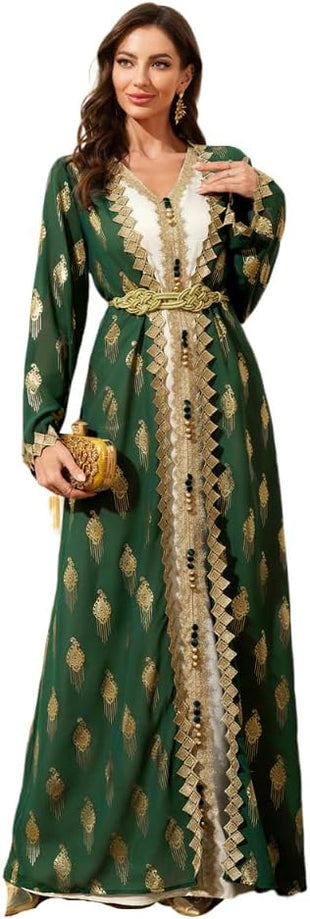 Middle Eastern Modest Maxi Dress - Muslim Moroccan Kaftan Abaya for Women Gold Embroidered Eid Dress Islamic Traditional Wear