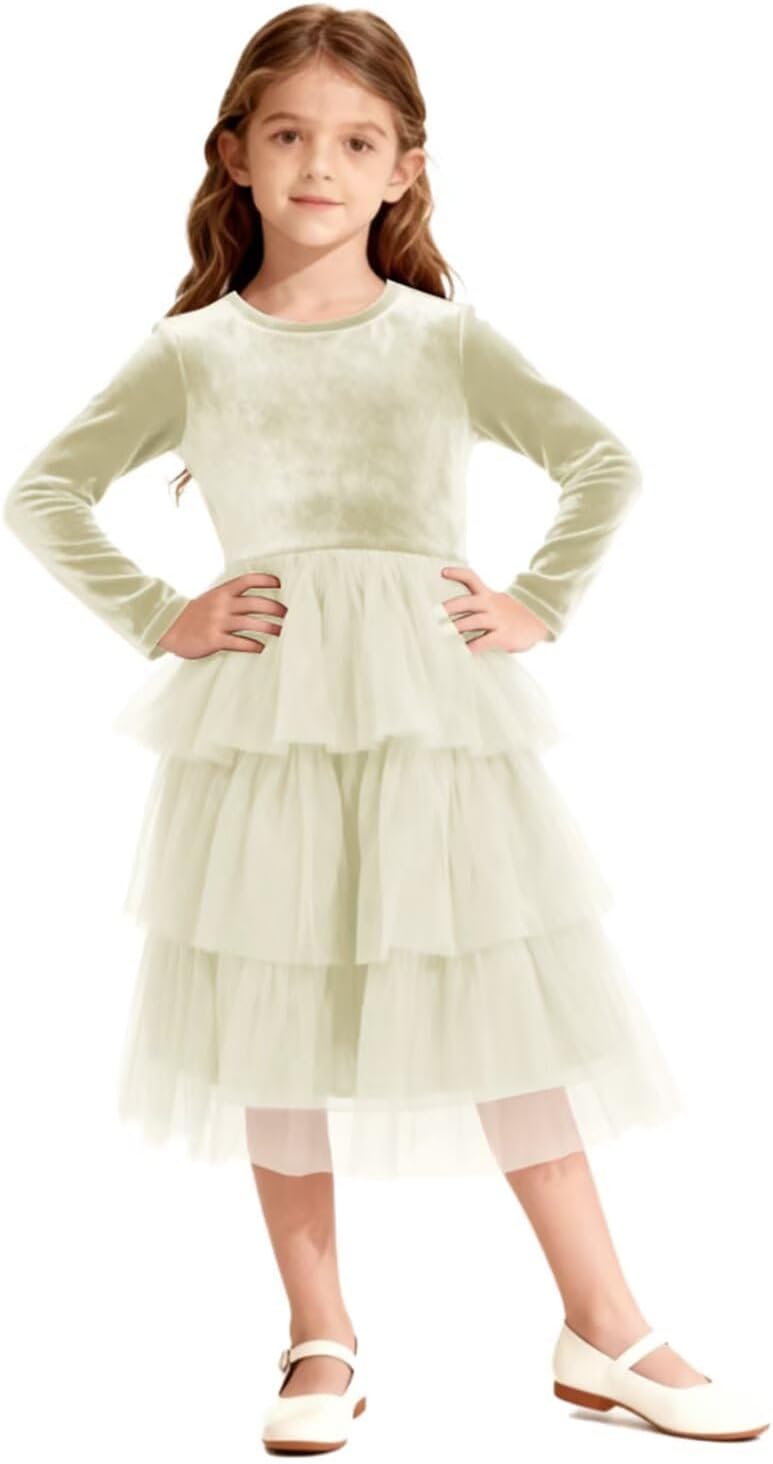 Christmas Dress Girls Velvet Tulle Puffy Long Sleeve Formal Party Dresses Princess Birthday Wedding Guest Dress