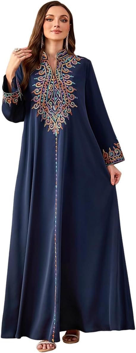 FYMNSI Abaya Dress for Women Floral Embroidery Muslim Maxi Robe Eid Prayer Dresses Dubai Clothing Arabian Islamic Kaftan
