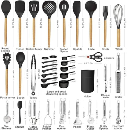 Cooking Utensils Set- 35 PCs Kitchen Utensils with Grater,Tongs, Spoon Spatula &Turner Made of Heat Resistant Food Grade Silicone and Wooden Handles Kitchen Gadgets Tools Set for Cookware