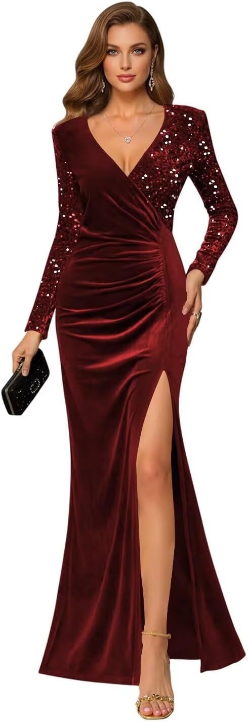 V Neck Velvet Formal Dresses Long for Women Sparkly Sequin 2026 Pleated Mermaid Long Sleeves Bridesmaid Dress OL010