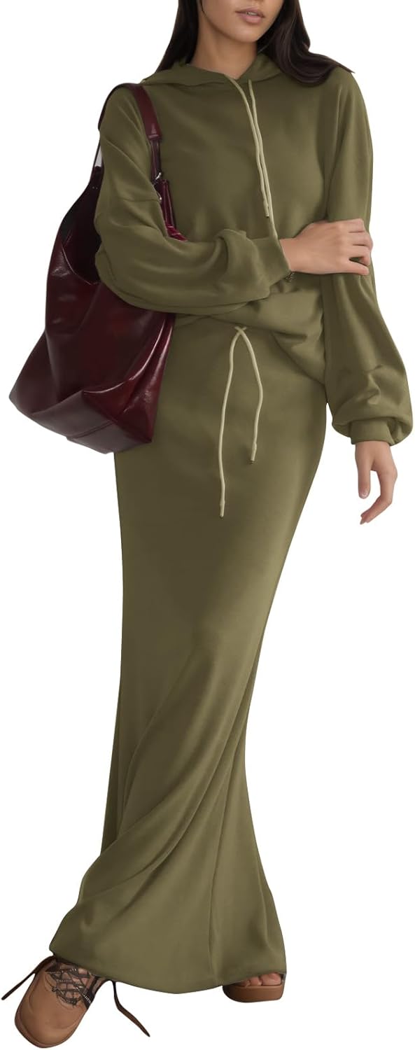 EXLURA Women 2 Piece Outfits Fall Airport Long Sleeve Hoodies Matching Long Skirt Dress Sweatsuits Lounge Sets Winter 2025